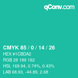 カラーコード: CMYK 85 / 0 / 14 / 26 | qconv.com