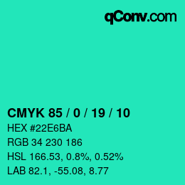 カラーコード: CMYK 85 / 0 / 19 / 10 | qconv.com