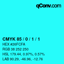 颜色代码: CMYK 85 / 0 / 1 / 1 | qconv.com