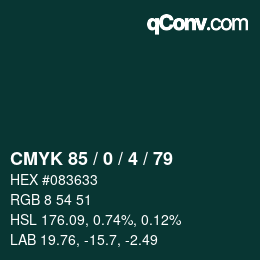 Color code: CMYK 85 / 0 / 4 / 79 | qconv.com
