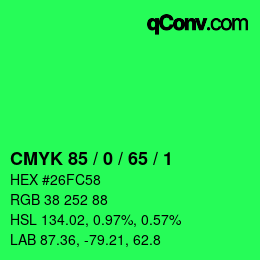 カラーコード: CMYK 85 / 0 / 65 / 1 | qconv.com
