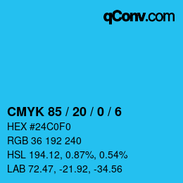 カラーコード: CMYK 85 / 20 / 0 / 6 | qconv.com