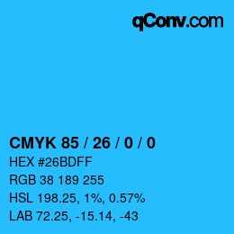 颜色代码: CMYK 85 / 26 / 0 / 0 | qconv.com