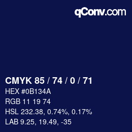 Color code: CMYK 85 / 74 / 0 / 71 | qconv.com