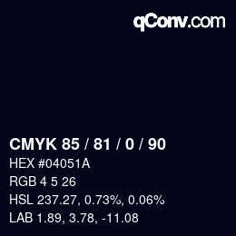 Farbcode: CMYK 85 / 81 / 0 / 90 | qconv.com