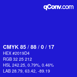 カラーコード: CMYK 85 / 88 / 0 / 17 | qconv.com