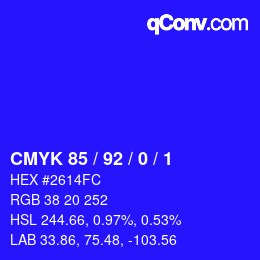 カラーコード: CMYK 85 / 92 / 0 / 1 | qconv.com