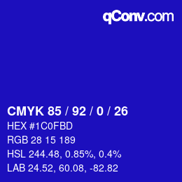 カラーコード: CMYK 85 / 92 / 0 / 26 | qconv.com