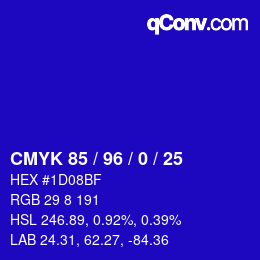 カラーコード: CMYK 85 / 96 / 0 / 25 | qconv.com