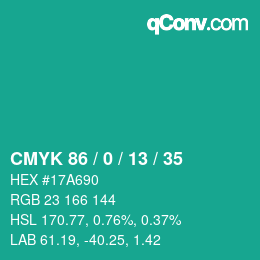 カラーコード: CMYK 86 / 0 / 13 / 35 | qconv.com