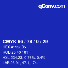 Color code: CMYK 86 / 78 / 0 / 29 | qconv.com