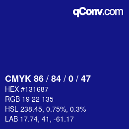 Color code: CMYK 86 / 84 / 0 / 47 | qconv.com