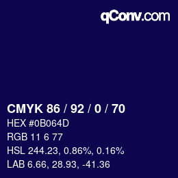 カラーコード: CMYK 86 / 92 / 0 / 70 | qconv.com