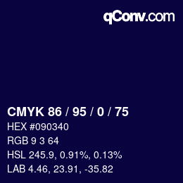 カラーコード: CMYK 86 / 95 / 0 / 75 | qconv.com
