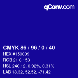 颜色代码: CMYK 86 / 96 / 0 / 40 | qconv.com