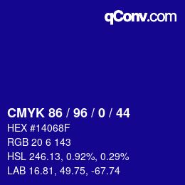 Code couleur: CMYK 86 / 96 / 0 / 44 | qconv.com