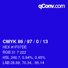 カラーコード: CMYK 86 / 97 / 0 / 13 | qconv.com
