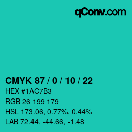 颜色代码: CMYK 87 / 0 / 10 / 22 | qconv.com
