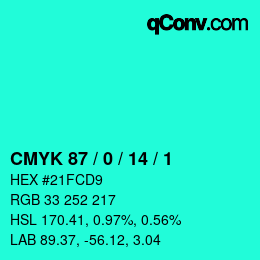 カラーコード: CMYK 87 / 0 / 14 / 1 | qconv.com
