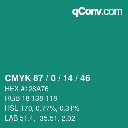 Color code: CMYK 87 / 0 / 14 / 46 | qconv.com