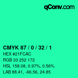 カラーコード: CMYK 87 / 0 / 32 / 1 | qconv.com