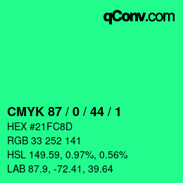 カラーコード: CMYK 87 / 0 / 44 / 1 | qconv.com