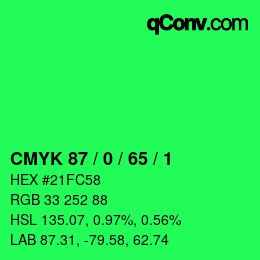 カラーコード: CMYK 87 / 0 / 65 / 1 | qconv.com