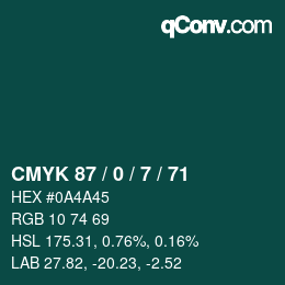 カラーコード: CMYK 87 / 0 / 7 / 71 | qconv.com