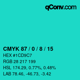カラーコード: CMYK 87 / 0 / 8 / 15 | qconv.com