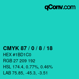 カラーコード: CMYK 87 / 0 / 8 / 18 | qconv.com
