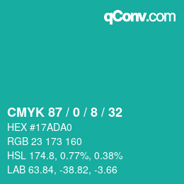 カラーコード: CMYK 87 / 0 / 8 / 32 | qconv.com