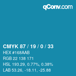 カラーコード: CMYK 87 / 19 / 0 / 33 | qconv.com