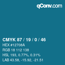 カラーコード: CMYK 87 / 19 / 0 / 46 | qconv.com