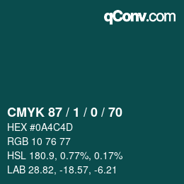 カラーコード: CMYK 87 / 1 / 0 / 70 | qconv.com