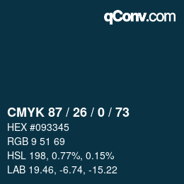 颜色代码: CMYK 87 / 26 / 0 / 73 | qconv.com