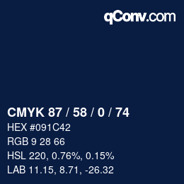 カラーコード: CMYK 87 / 58 / 0 / 74 | qconv.com
