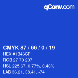 カラーコード: CMYK 87 / 66 / 0 / 19 | qconv.com