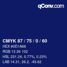 カラーコード: CMYK 87 / 75 / 0 / 60 | qconv.com