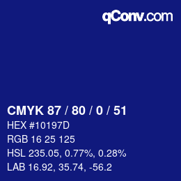 カラーコード: CMYK 87 / 80 / 0 / 51 | qconv.com
