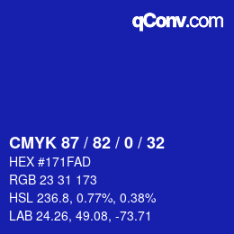 カラーコード: CMYK 87 / 82 / 0 / 32 | qconv.com