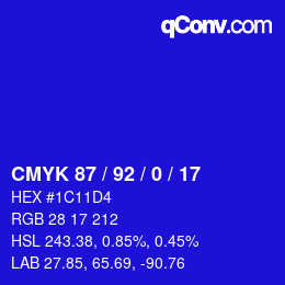 カラーコード: CMYK 87 / 92 / 0 / 17 | qconv.com