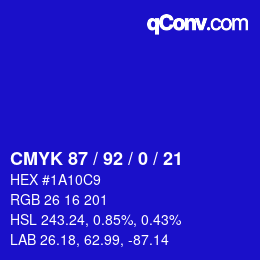 カラーコード: CMYK 87 / 92 / 0 / 21 | qconv.com