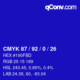 カラーコード: CMYK 87 / 92 / 0 / 26 | qconv.com