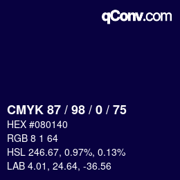 カラーコード: CMYK 87 / 98 / 0 / 75 | qconv.com