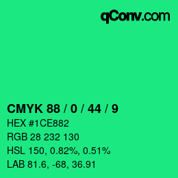 カラーコード: CMYK 88 / 0 / 44 / 9 | qconv.com