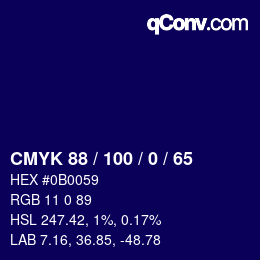 カラーコード: CMYK 88 / 100 / 0 / 65 | qconv.com