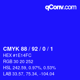 カラーコード: CMYK 88 / 92 / 0 / 1 | qconv.com