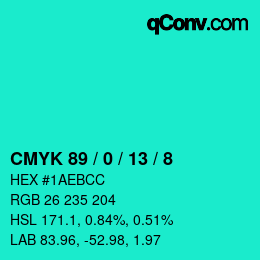 カラーコード: CMYK 89 / 0 / 13 / 8 | qconv.com