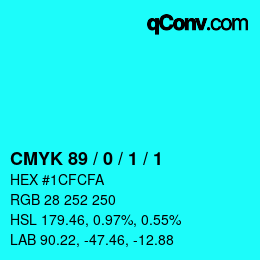 カラーコード: CMYK 89 / 0 / 1 / 1 | qconv.com