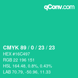 カラーコード: CMYK 89 / 0 / 23 / 23 | qconv.com